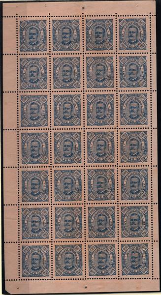 1669.jpg -     Lote:    1669            Lourenço Marques       Descrição:         1893/95 &mdash; D. Carlos I. CE13, 300 reis azul s/ laranja. Folha completa de 28 selos. Valor de catálogo &euro; 170,80.        *       Valor Base:     &euro; 55,00     Valor Venda:     Retirado     