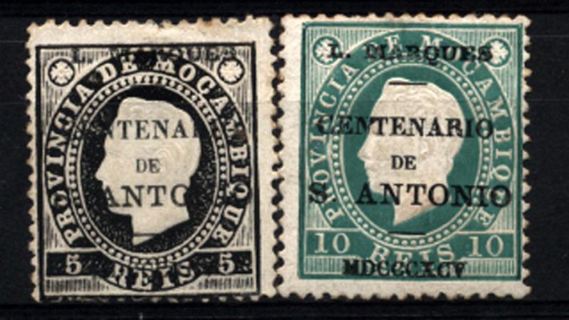 1670.jpg -     Lote:    1670            Lourenço Marques       Descrição:         1895 &mdash; D. Luís I, fita direita, de Moçambique com sobrecarga "Centenário de S. António". Emitidos sem goma. CE14/15, 5 reis preto e 10 reis verde. Valor de catálogo &euro; 60,00.        *       Valor Base:     &euro; 15,00     Valor Venda:     Retirado     