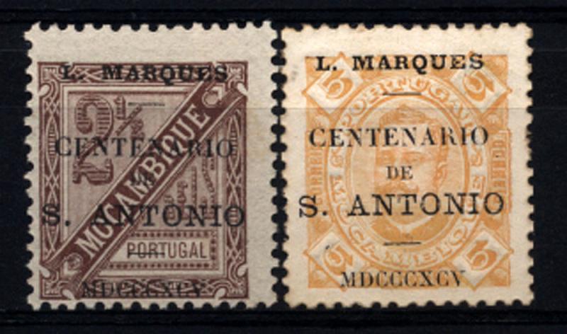 1671.jpg -     Lote:    1671            Lourenço Marques       Descrição:         1895 &mdash; D. Carlos I, fita direita, de Moçambique com sobrecarga "Centenário de S. António". Emitidos sem goma. CE23/24, 2 &frac12; reis castanho denteado 11 &frac12; e 5 reis amarelo. Valor de catálogo &euro; 40,00.        *       Valor Base:     &euro; 10,00     Valor Venda:     Retirado     