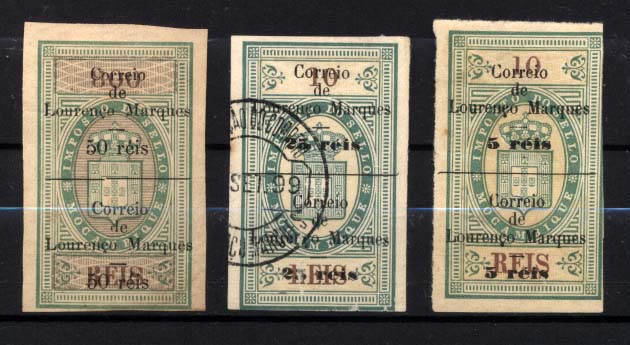1673.jpg -     Lote:    1673            Lourenço Marques       Descrição:         1899 &mdash; Selos fiscais de Moçambique, com sobrecarga. Lote composto por 3 selos completos: 5 s/ 10 CE47 + 25 s/ 10 reis CE48 (usado) e 50 s/ 800 reis CE50. Valor de catálogo aproximado &euro; 70,00.        */O       Valor Base:     &euro; 5,00     Valor Venda:     &euro; 5,00     