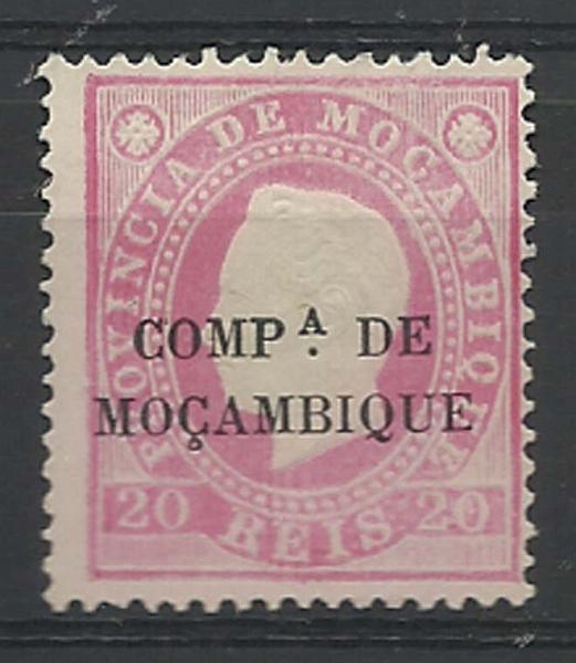1677.jpg -     Lote:    1677            Companhia de Moçambique       Descrição:         1892 &mdash; D. Luís I. Fita direita. Selos de Moçambique com sobrecarga "COMP.ª DE MOÇAMBIQUE". Sobrecarga B. Tipo II. CE3, 20 reis  rosa, denteado 13 &frac12;. Valor de catálogo &euro; 80,00.        *       Valor Base:     &euro; 24,00     Valor Venda:     &euro; 60,00     