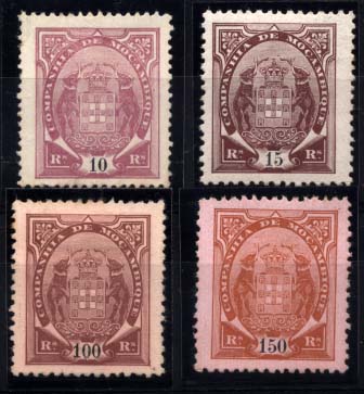 1681.jpg -     Lote:    1681            Companhia de Moçambique       Descrição:         1895 &mdash; Tipo "Elefantes". Lote composto por 4 selos de 10 reis em denteado 13 &frac12; papel pontinhado CE13; 15 reis CE14, denteado 12 &frac12;, papel porcelana; 100 reis, denteado 12 &frac12;, CE20 e 150 reis denteado 12 &frac12;, CE21. Todos com a variedade "1" de ponta curta.        *       Valor Base:     &euro; 5,00     Valor Venda:     &euro; 46,00     