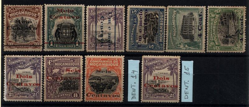 1684.jpg -     Lote:    1684            Companhia de Moçambique       Descrição:         1920 &mdash; Motivos locais, com sobretaxa. CE133/141. Série completa em denteado 14 + selo CE137 em denteado 15.        *       Valor Base:     &euro; 20,00     Valor Venda:     &euro; 28,00     