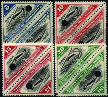 1686.jpg -     Lote:    1686            Companhia de Moçambique       Descrição:         1935 &mdash; Inauguração do Correio Aéreo em tipo triangular. CE&frac14;. Lote composto por 4 pares (5, 10, 15 e 20c) de provas denteadas nas cores aprovadas, com furos de segurança da casa impressora.        PRV       Valor Base:     &euro; 25,00     Valor Venda:     Retirado     