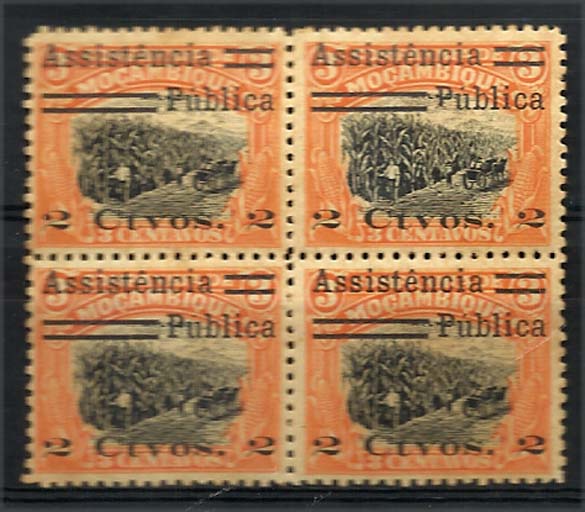 1687.jpg -     Lote:    1687            Companhia de Moçambique       Descrição:         1932 &mdash; Imposto Postal. Assistência. Motivos locais com sobretaxa. CE IP1, 2 s/ 3c ocre e preto. Quadra com "ê" em vez de "e" na legenda Assistência. Valor de catálogo &euro; 60,00.        ***       Valor Base:     &euro; 15,00     Valor Venda:     Retirado     
