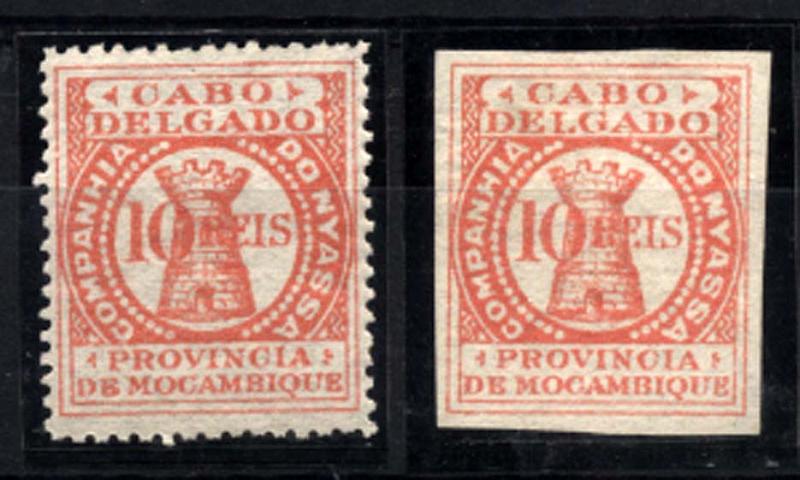 1689.jpg -     Lote:    1689            Companhia do Niassa       Descrição:         1894 &mdash; Cabo Delgado. Não emitidos. 10 reis laranja. Lote de dois selos, um denteado e outro não denteado.         *       Valor Base:     &euro; 10,00     Valor Venda:     Retirado     