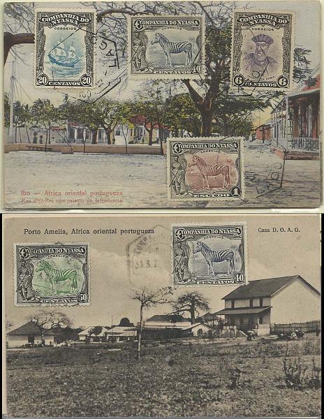 1695.jpg -     Lote:    1695            Companhia do Niassa       Descrição:         192&frac12;3 &mdash; Motivos diversos. Lote de 3 postais ilustrado (Porto Amélia &mdash; Fazenda e Concelho; Porto Amélia &mdash; Casa D.O.A.G. e IBO &mdash; Rua d'El-Rei) com selos da emissão obliterados com carimbos de IBO, LAGO e PORTO AMÉLIA. Souvenirs não circulados.        PI       Valor Base:     &euro; 30,00     Valor Venda:     &euro; 30,00     