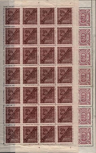 1701.jpg -     Lote:    1701            Zambézia       Descrição:         1893/94 &mdash; D. Carlos I. CE1 e 3, 2 &frac12; reis, castanho, denteado 12 &frac12; e 10 reis violeta vermelho, denteado 11 &frac12;. Duas folhas completas. Valor de catálogo &euro; 56,00.        *       Valor Base:     &euro; 16,00     Valor Venda:     Retirado     