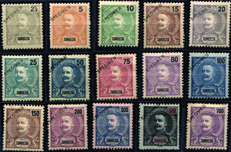 1703.jpg -     Lote:    1703            Zambézia       Descrição:         1898/1901 &mdash; D. Carlos I tipo Mouchon. CE14/28. Série completa com sobrecarga "SPECIMEN" oblíqua, batida a preto. Selos originais distribuídos com as reimpressões de 1905. MB.        **       Valor Base:     &euro; 200,00     Valor Venda:     &euro; 340,00     