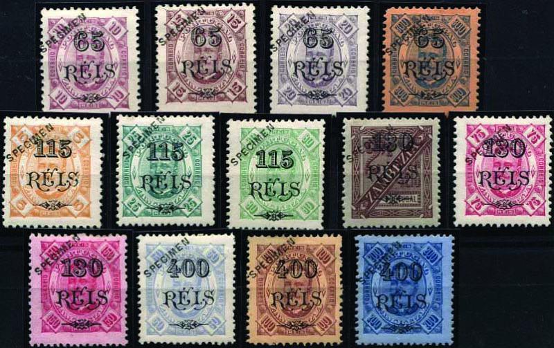 1705.jpg -     Lote:    1705            Zambézia       Descrição:         1902 &mdash; D. Carlos I tipo Diogo Neto. CE29/41. Série completa com sobrecarga "SPECIMEN" oblíqua, batida a preto. Selos originais distribuídos com as reimpressões de 1905. MB.        **       Valor Base:     &euro; 400,00     Valor Venda:     &euro; 500,00     