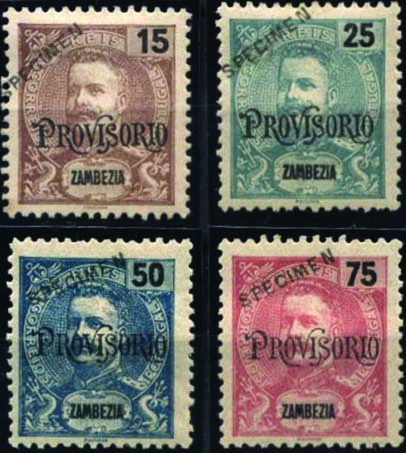 1706.jpg -     Lote:    1706            Zambézia       Descrição:         1902 &mdash; D. Carlos I tipo Mouchon, com sobrecarga "PROVIS'RIO". CE14/28. Série completa com sobrecarga "SPECIMEN" oblíqua, batida a preto. Selos originais distribuídos com as reimpressões de 1905. MB.        **       Valor Base:     &euro; 50,00     Valor Venda:     &euro; 65,00     