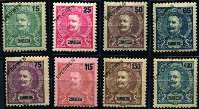 1707.jpg -     Lote:    1707            Zambézia       Descrição:         1903 &mdash; D. Carlos I tipo Mouchon. CE45/53. Série completa com sobrecarga "SPECIMEN" oblíqua, batida a preto. Selos originais distribuídos com as reimpressões de 1905. MB.        **       Valor Base:     &euro; 100,00     Valor Venda:     &euro; 320,00     