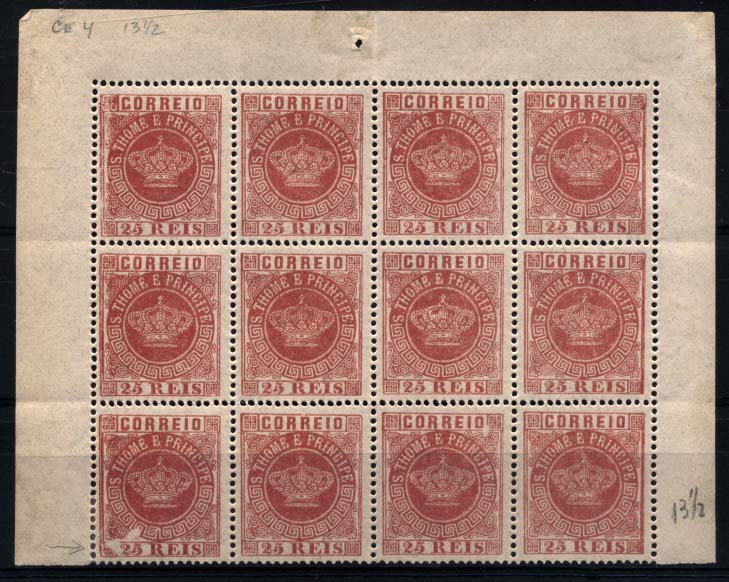 1709.jpg -     Lote:    1709            S. Tomé e Príncipe       Descrição:         1870/77 &mdash; Tipo Coroa. CE4, 25 reis carmim, denteado 13 &frac12;. Bloco de 12 selos topo de folha. Selos novos sem sinal de charneira. MB. Valor de catálogo &euro; 49,20.        ***       Valor Base:     &euro; 10,00     Valor Venda:     Retirado     