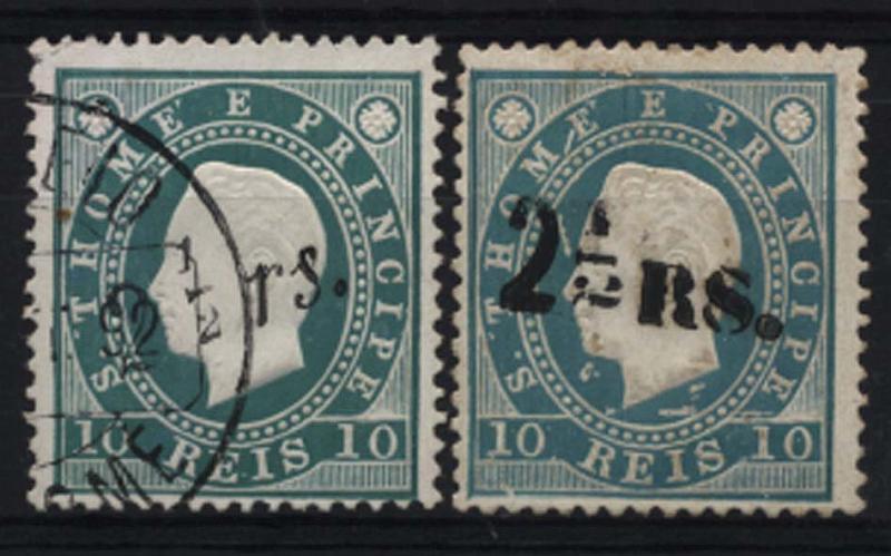 1710.jpg -     Lote:    1710            S. Tomé e Príncipe       Descrição:         1892 &mdash; D. Luís I. Fita direita. Com sobretaxa a preto. CE28, 2 &frac12; s/ 10 reis verde. Lote de dois selos: um com a sobretaxa tipo 1 novo e outro com a sobretaxa tipo 2 usado. Valor de catálogo &euro; 260,00.        **/O       Valor Base:     &euro; 60,00     Valor Venda:     Retirado     
