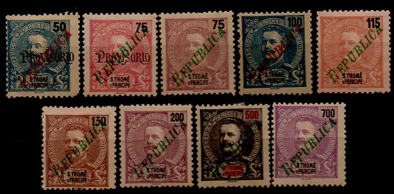 1712.jpg -     Lote:    1712            S. Tomé e Príncipe       Descrição:         1920 &mdash; D. Carlos I, com sobrecarga REPUBLICA local sobre selos de 1898-1901 e de 1903 + idem sobre selos de 1903. CE235/241 + CE245/246. Duas séries completas. Valor de catálogo &euro; 75,40.        *       Valor Base:     &euro; 20,00     Valor Venda:     Retirado     