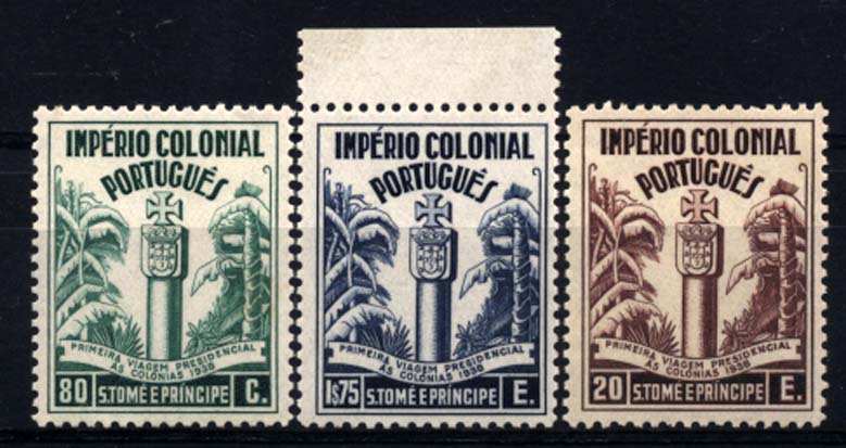 1713.jpg -     Lote:    1713            S. Tomé e Príncipe       Descrição:         1938 &mdash; Primeira Viagem Presidencial ao Ultramar. CE316/318. Série completa. Valor de catálogo &euro; 153,00.        ***       Valor Base:     &euro; 30,00     Valor Venda:     &euro; 42,00     