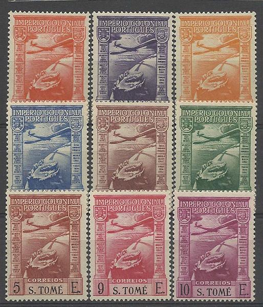 1714.jpg -     Lote:    1714            S. Tomé e Príncipe       Descrição:         1938 &mdash; Império Colonial Português. Legenda S: TOMÉ. CE CA1/9. Série completa. MB. Valor de catálogo &euro; 323,00.        **       Valor Base:     &euro; 30,00     Valor Venda:     &euro; 36,00     