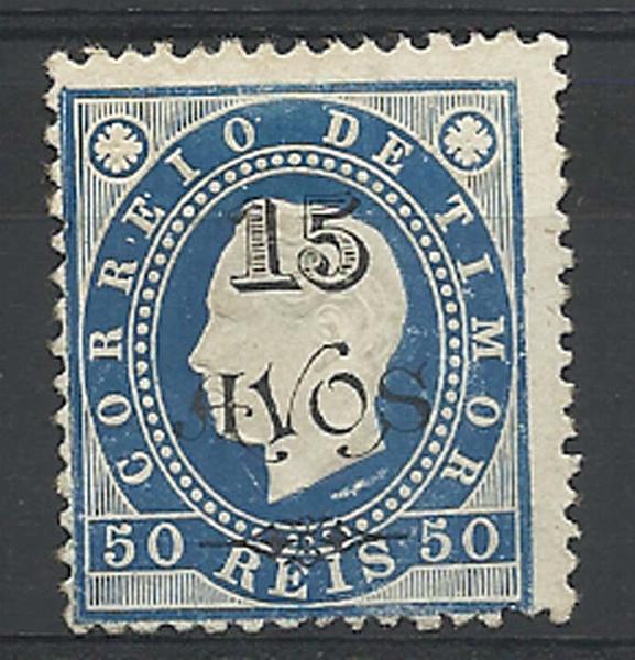 1718.jpg -     Lote:    1718            Timor       Descrição:         1902 &mdash; D. Luís I, com sobretaxa. Emitido com e sem goma. CE83, 15 avos s/ 50 reis azul. Valor de catálogo &euro; 222,00.        *       Valor Base:     &euro; 45,00     Valor Venda:     &euro; 100,00     