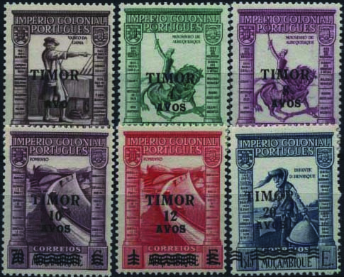 1719.jpg -     Lote:    1719            Timor       Descrição:         1946 &mdash; Império Colonial Português. Selos de Moçambique, com a sobrecarga TIMOR e sobretaxa. CE244/49. Série completa. Valor de catálogo &euro; 47,00.        **       Valor Base:     &euro; 12,00     Valor Venda:     &euro; 17,00     