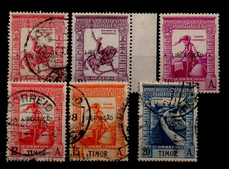 1720.jpg -     Lote:    1720            Timor       Descrição:         1947 &mdash; Império Colonial Português com sobrecarga "LIBERTAÇÃO". Lote composto por 4 selos usados CE254, 257, 258 e 259 + dois selos novos CE255 e 256. Valor de catálogo &euro; 87,20.        **/O       Valor Base:     &euro; 15,00     Valor Venda:     Retirado     
