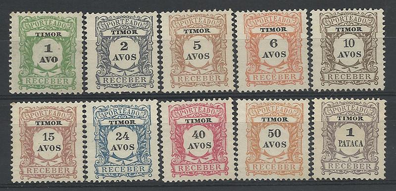 1729.jpg -     Lote:    1729            Timor       Descrição:         1904 &mdash; Porteado. Emissão regular. Emitidos sem goma. CE POR 1/10. Série completa. Valor de catálogo &euro; 91,00.        *       Valor Base:     &euro; 20,00     Valor Venda:     &euro; 32,00     