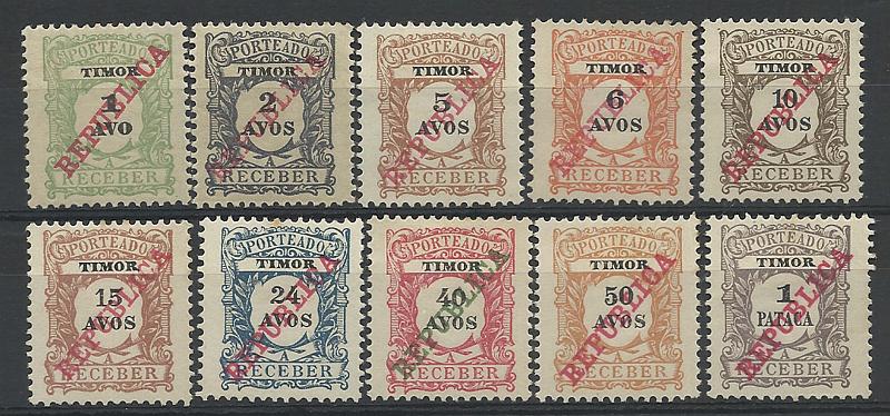 1730.jpg -     Lote:    1730            Timor       Descrição:         1911 &mdash; Porteado. Emissão regular, com sobrecarga REPUBLICA da Casa da Moeda. Emitidos sem goma. CE POR 1&frac12;0. Série completa. Valor de catálogo &euro; 39,00.        *       Valor Base:     &euro; 10,00     Valor Venda:     &euro; 18,00     