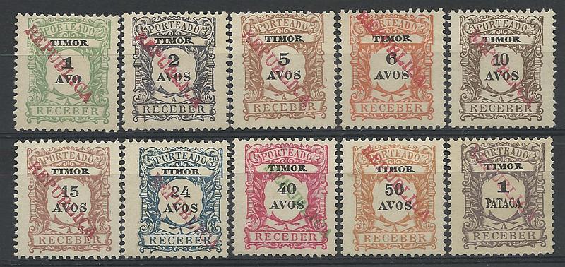 1731.jpg -     Lote:    1731            Timor       Descrição:         1911 &mdash; Porteado. Emissão regular, com sobrecarga REPUBLICA local. Emitidos sem goma. CE POR 21/30. Série completa. Valor de catálogo &euro; 110,00.        *       Valor Base:     &euro; 25,00     Valor Venda:     &euro; 38,00     