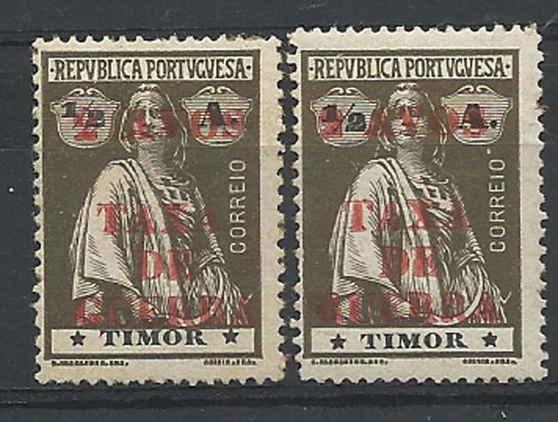 1732.jpg -     Lote:    1732            Timor       Descrição:         1919 &mdash; Imposto Postal. Tipo Ceres, com sobrecarga "2 AVOS / TAXA DE GUERRA". CE IP1, 2 avos s/ &frac12; avo, sépia. Lote composto por dois selos. Valor de catálogo &euro; 20,00.        **       Valor Base:     &euro; 5,00     Valor Venda:     &euro; 8,00     