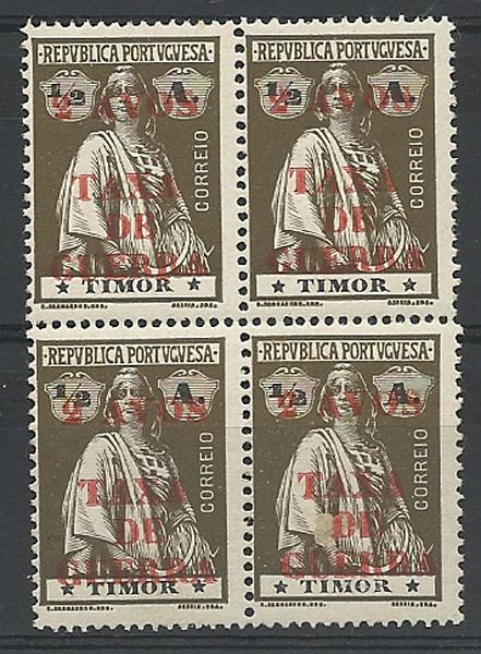 1733.jpg -     Lote:    1733            Timor       Descrição:         1919 &mdash; Imposto Postal. Tipo Ceres, com sobrecarga "2 AVOS / TAXA DE GUERRA". CE IP1, 2 avos s/ &frac12; avo sépia. Quadra. Valor de catálogo &euro; 60,00.        ***       Valor Base:     &euro; 20,00     Valor Venda:     &euro; 20,00     
