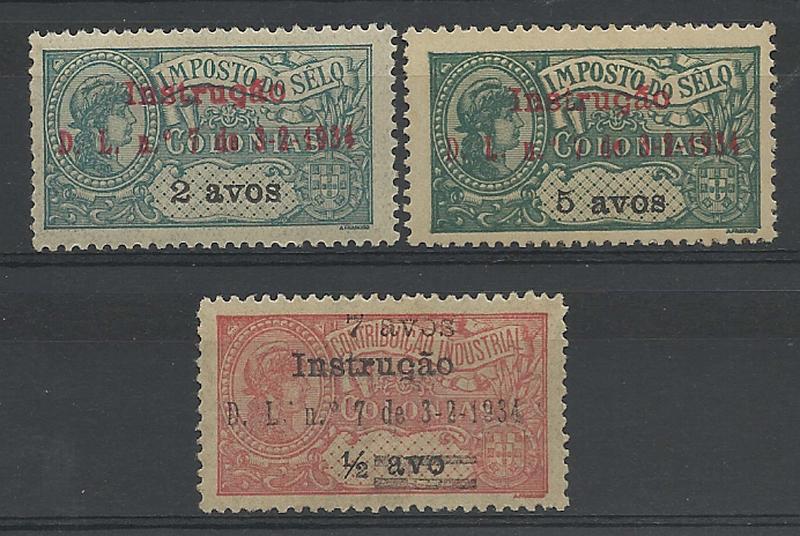 1736.jpg -     Lote:    1736            Timor       Descrição:         1934/35 &mdash; Imposto Postal. INSTRUÇÃO. Selos fiscais da Ásia com sobrecarga. CE6/8. Série completa. Selo CE8 sem goma. Todos com a variedade "5" em vez de "Ç". Valor de catálogo &euro; 54,00.        **/*       Valor Base:     &euro; 15,00     Valor Venda:     &euro; 16,00     