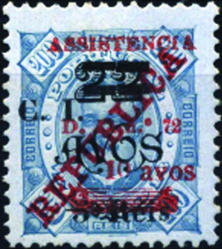 1737.jpg -     Lote:    1737            Timor       Descrição:         1936/37 &mdash; Imposto Postal. "ASSISTÊNCIA". Selos postais de D. Carlos I Diogo Neto com sobretaxa e sobrecarga "C. I" para utilização fiscal + sobrecarga REPUBLICA da Casa da Moeda, novamente sobrecarregados a vermelho "ASSISTÊNCIA / D. L. n.º 72 / 10 AVOS". 10 avos s/ 22 avos s/ 200 reis azul s/ azul, denteado 11 &frac12;. Não catalogado.        *       Valor Base:     &euro; 50,00     Valor Venda:     &euro; 70,00     