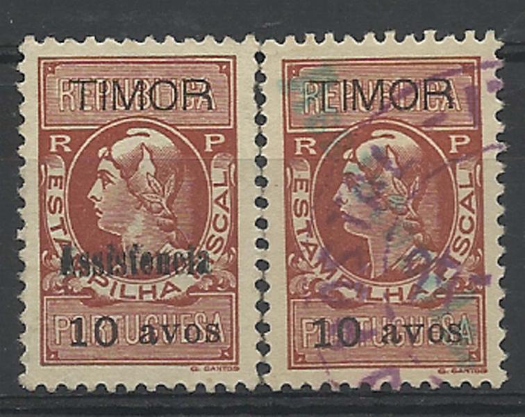 1738.jpg -     Lote:    1738            Timor       Descrição:         1941 &mdash; Imposto Postal * Assistência. Estampilhas do Imposto do Selo (Busto da República) com sobrecarga "ASSISTÊNCIA". Lote de dois selos de 10 avos vermelho-castanho com dois tipos diferentes de sobrecarga. Lote a ver. Não catalogados.        */O       Valor Base:     &euro; 10,00     Valor Venda:     &euro; 10,00     