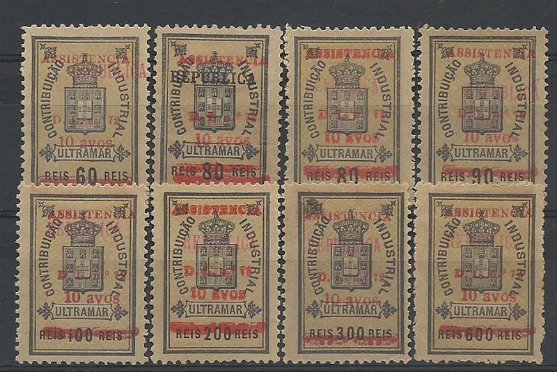 1741.jpg -     Lote:    1741            Timor       Descrição:         1936/37 &mdash; Imposto Postal. "ASSISTÊNCIA". Selos fiscais do Ultramar com sobrecarga "ASSISTÊNCIA / D. L. n.º 72 / 10 avos" a vermelho. Lote de 8 selos de: 10 avos s/ 60 reis, 10 avos s/ 80 reis (2), 10 avos s/ 90 reis, 10 avos s/ 100 reis, 10 avos s/ 200 reis, 10 avos s/ 300 reis e 10 avos s/ 600 reis. Não catalogados.        *       Valor Base:     &euro; 200,00     Valor Venda:     &euro; 300,00     