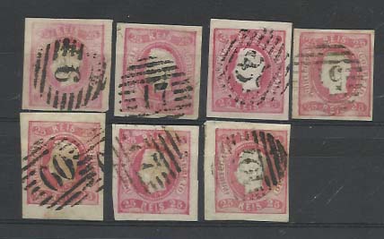 1744.jpg -     Lote:    1744            Portugal       Descrição:         Carimbos numéricos da 1.ª reforma. 1866/67 &mdash; D. Luís I. Fita curva, não denteados. CE22, 25 reis rosa. Lote de 9 selos obliterados com carimbos 6, 17, 53, 55, 60, 77 e 107. Na generalidade selos com boas margens.        Lote       Valor Base:     &euro; 10,00     Valor Venda:     &euro; 16,00     