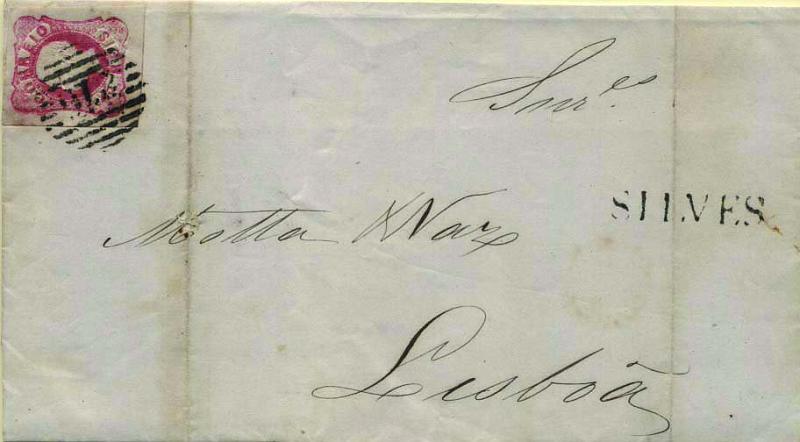1754.jpg -     Lote:    1754            Portugal       Descrição:         1862/64 &mdash; D. Luís I. CE16, 25 reis carmim rosa, com boas margens, circulado em carta de Silves (16.12.66) para Lisboa (17.12.66) com trânsito por Faro (16.12.66). Carimbo numérico da 1.ª reforma "216 &mdash; tipo 4.3.4" e nominativo "SILVES", batidos a preto.        Carta       Valor Base:     &euro; 15,00     Valor Venda:     Retirado     