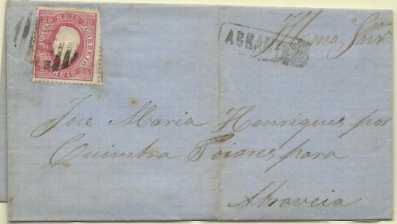 1766.jpg -     Lote:    1766            Portugal       Descrição:         Carimbos nominativos. 1870/76 &mdash; D. Luís I, fita direita. CE40, 25 reis carmim em carta circulada de Abrantes (16.02.79) para Abraveia. Carimbo batido a preto "ABRANTES".        Carta       Valor Base:     &euro; 25,00     Valor Venda:     &euro; 25,00     