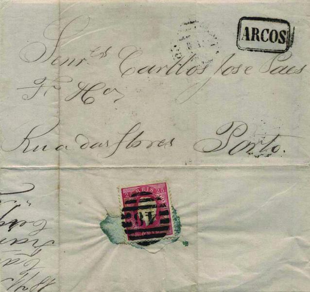 1776.jpg -     Lote:    1776            Portugal       Descrição:         Carimbos nominativos. 1870/76 &mdash; D. Luís I. Fita direita. CE40, 25 reis carmim, denteado 12 &frac12;, em carta circulada de Arcos de Valdevez para o Porto (11.03.1871): Carimbos batidos a preto: nominativo "ARCOS" e numérico da 2.ª reforma "48". MB.        Carta       Valor Base:     &euro; 20,00     Valor Venda:     Retirado     