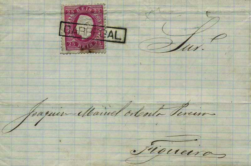 1792.jpg -     Lote:    1792            Portugal       Descrição:         Carimbos nominativos. 1870/76 &mdash; D. Luís I, fita direita. CE40, 25 reis carmim, denteado 12 &frac12;, em carta circulada de Cabanas (13.11.78) para a Figueira com trânsito por Coimbra (14.11.78). Carimbo nominativo "GUARDA", batido a preto.        Carta       Valor Base:     &euro; 15,00     Valor Venda:     &euro; 15,00     
