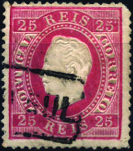 1793.jpg -     Lote:    1793            Portugal       Descrição:         Carimbos nominativos. 1870/76 &mdash; D. Luís I, fita direita. CE40, 25 reis carmim. Selo obliterado com carimbo batido a preto "S. PEDRO DO SUL".        O       Valor Base:     &euro; 5,00     Valor Venda:     &euro; 5,00     