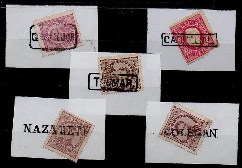 1813.jpg -     Lote:    1813            Portugal       Descrição:         Carimbos nominativos. Lote de 5 selos das emissões de D. Luís I com carimbos nominativos batidos a preto "CAMPO MAIOR", "CARREGAL", "THOMAR", "NAZARETH" e "GOLEGAN".        Lote       Valor Base:     &euro; 20,00     Valor Venda:     Retirado     