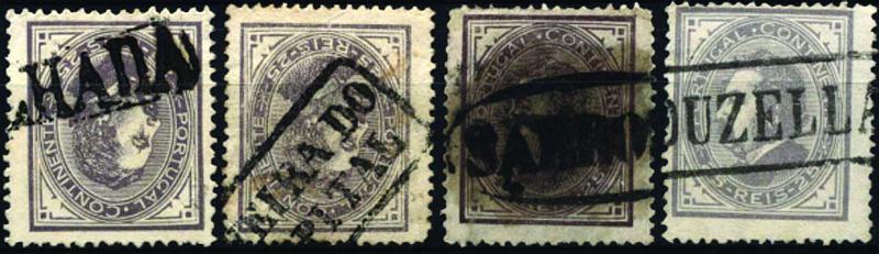 1823.jpg -     Lote:    1823            Portugal       Descrição:         Carimbos nominativos. 1882/83 &mdash; D. Luís I, de frente CE57, 25 reis. Lote de 4 selos obliterados com carimbos batidos a preto "MEALHADA", "OLIVEIRA DO HOSPITAL", "SABROZA" &mdash; raridade 30 (Gordon) e "VOUZELLA".        O       Valor Base:     &euro; 25,00     Valor Venda:     Retirado     