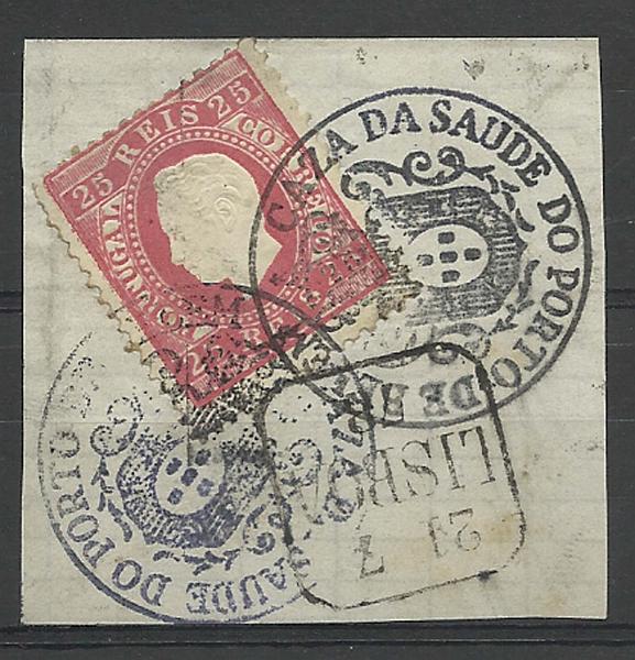 1847.jpg -     Lote:    1847            Portugal       Descrição:         Marcas administrativas. 1870/76 &mdash; D. Luís I. Fita direita. CE40, 25 reis carmim, papel liso, denteado 12 &frac12;, sobre fragmento, obliterado com carimbo batido a preto da "CAZA DA SAUDE DO PORTO DE BELEM / ESCUDO DE ARMAS" e carimbo (quadrado) datado de Lisboa (21 / 7 / 72). MB e MR.        FRG       Valor Base:     &euro; 250,00     Valor Venda:     Retirado     