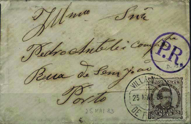 1850.jpg -     Lote:    1850            Portugal       Descrição:         Marcas da Posta Rural. 1882/83 &mdash; D. Luís I, de frente. CE57, 25 reis castanho, papel porcelana, denteado 12 &frac12;, circulado de Vila Nova de Fozcoa (25.05.85) para o Porto (26.05.85). Carimbo circular "P.R." batido a violeta. B e R.        Carta       Valor Base:     &euro; 75,00     Valor Venda:     &euro; 110,00     