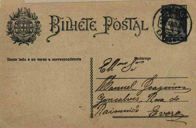 1890.jpg -     Lote:    1890            Portugal       Descrição:         Carimbos tipo francês. 1924/26 &mdash; Ceres. Aumento de porte. OM74b, 25C preto sobre cartolina camurça "Endereço", circulado de Estremoz (25.04.26) para Évora. Carimbo batido a preto "EXTREMOZ". MB.        IC       Valor Base:     &euro; 10,00     Valor Venda:     Retirado     