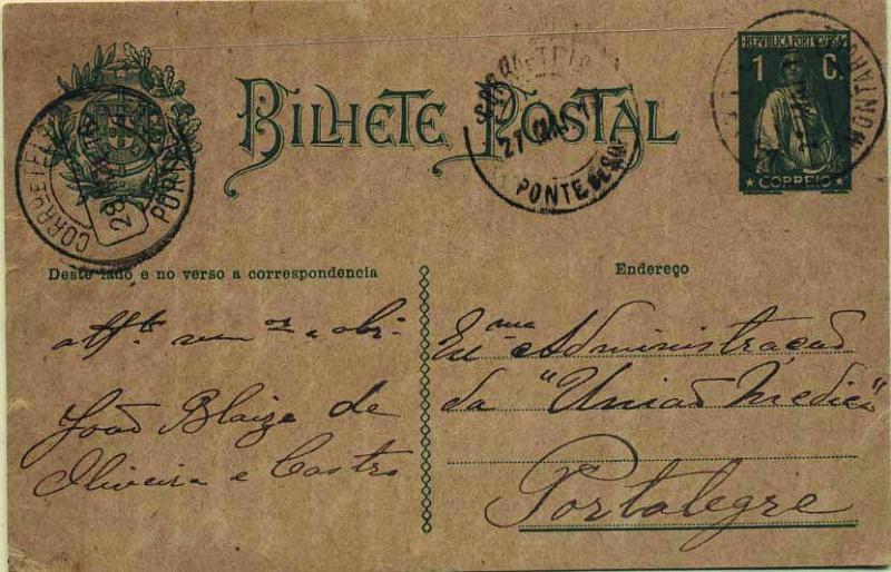 1894.jpg -     Lote:    1894            Portugal       Descrição:         Carimbos circulares datados tipo 1880. 1912 &mdash; Ceres com Escudo Nacional à esquerda. OM59, 1C verde circulado de Montargil (27.05.16) para Portalegre (28.05.16) com trânsito por Ponte de Sôr (27.05.16). Carimbo batido a preto de MONTARGIL.        IC       Valor Base:     &euro; 10,00     Valor Venda:     &euro; 14,00     