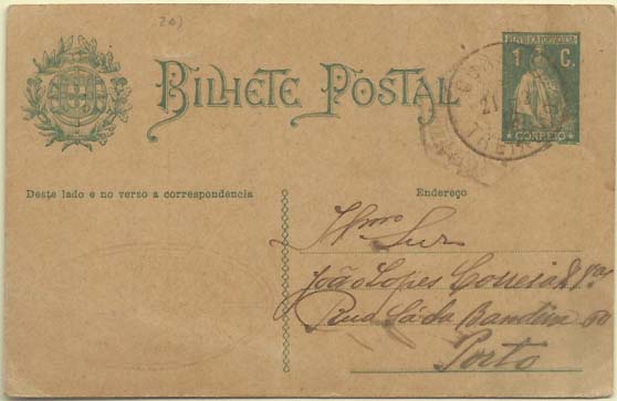 1902.jpg -     Lote:    1902            Portugal       Descrição:         Carimbos tipo francês. 1912 &mdash; Ceres. OM59, 1C verde, circulado de Treixedo (21.02.18) para o Porto. Carimbo batido a preto "CORREIO / TREIXOSO".        IC       Valor Base:     &euro; 12,00     Valor Venda:     Retirado     