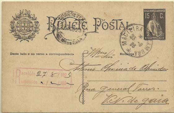 1904.jpg -     Lote:    1904            Portugal       Descrição:         Carimbos tipo francês. 1924/26 &mdash; Ceres. OM74, 25C preto. Circulado de Macieira de Cambra (25.08.23) para Vila nova de Gaia (27.08.23). Carimbo batido a preto "MACEIRA DE CAMBRA".        IC       Valor Base:     &euro; 12,00     Valor Venda:     &euro; 16,00     
