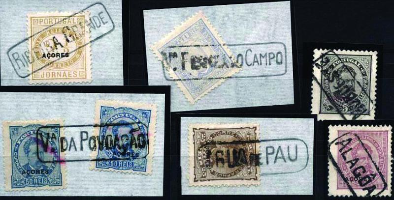 1911.jpg -     Lote:    1911            Açores       Descrição:         Carimbos nominativos. Lote de 6 selos com carimbos batidos a preto de RIBEIRA GRANDE, V.A FRANCA DO CAMPO, NORDESTE, V.A DA POVOAÇÃO, ÁGUA DE PAU e ALAGÔA.        Lote       Valor Base:     &euro; 30,00     Valor Venda:     &euro; 30,00     