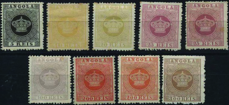 2019.jpg -     Lote:    2019            Angola       Descrição:         Reimpressões de 1885. 1870/76 — Tipo Coroa. CE1/9. Série completa em denteado 13 ½. Valor de catálogo € 225,00.        R*       Valor Base:     € 90,00     Valor Venda:     Retirado     