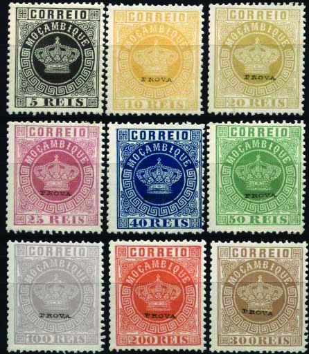 2027.jpg -     Lote:    2027            Moçambique       Descrição:         1876 &mdash; Tipo Coroa. Reimpressões de 1885. CE1/9. Série completa com sobrecarga horizontal "PROVA" a preto, tipo pequeno. Valor de catálogo &euro; 180,00.        R*       Valor Base:     &euro; 80,00     Valor Venda:     &euro; 80,00     